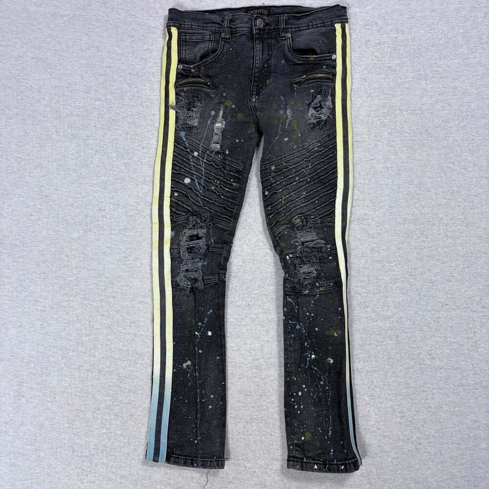Encrypted Distressed Moto Jeans Size 14 Black Paint Splatter Yellow Stripes